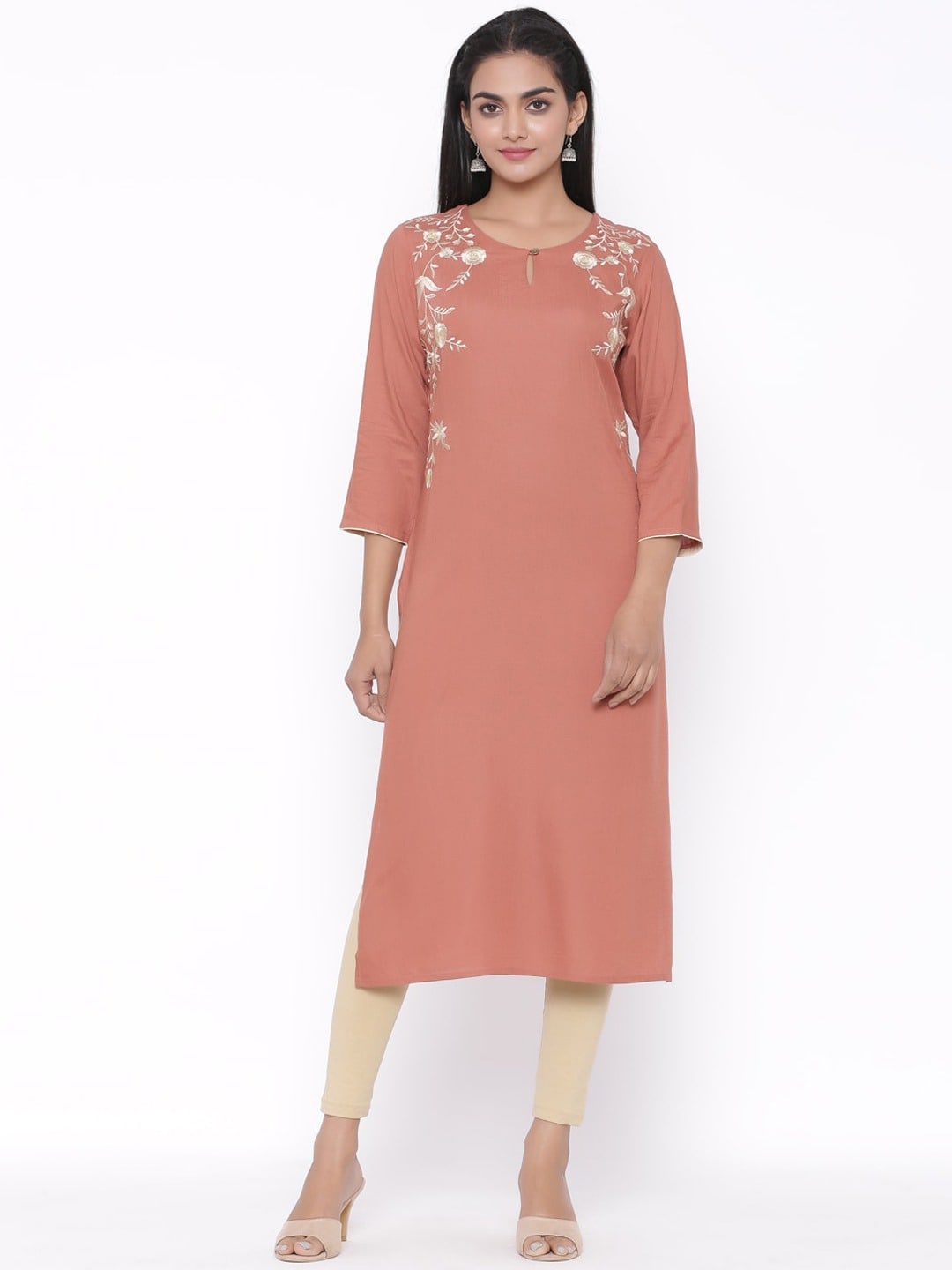 

fabGLOBAL Women Peach-Coloured Floral Embroidered Keyhole Neck Floral Kurta