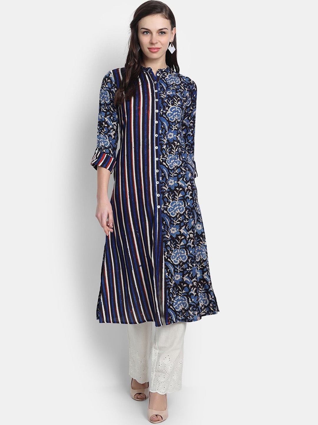 

fabGLOBAL Women Blue Striped Kurta
