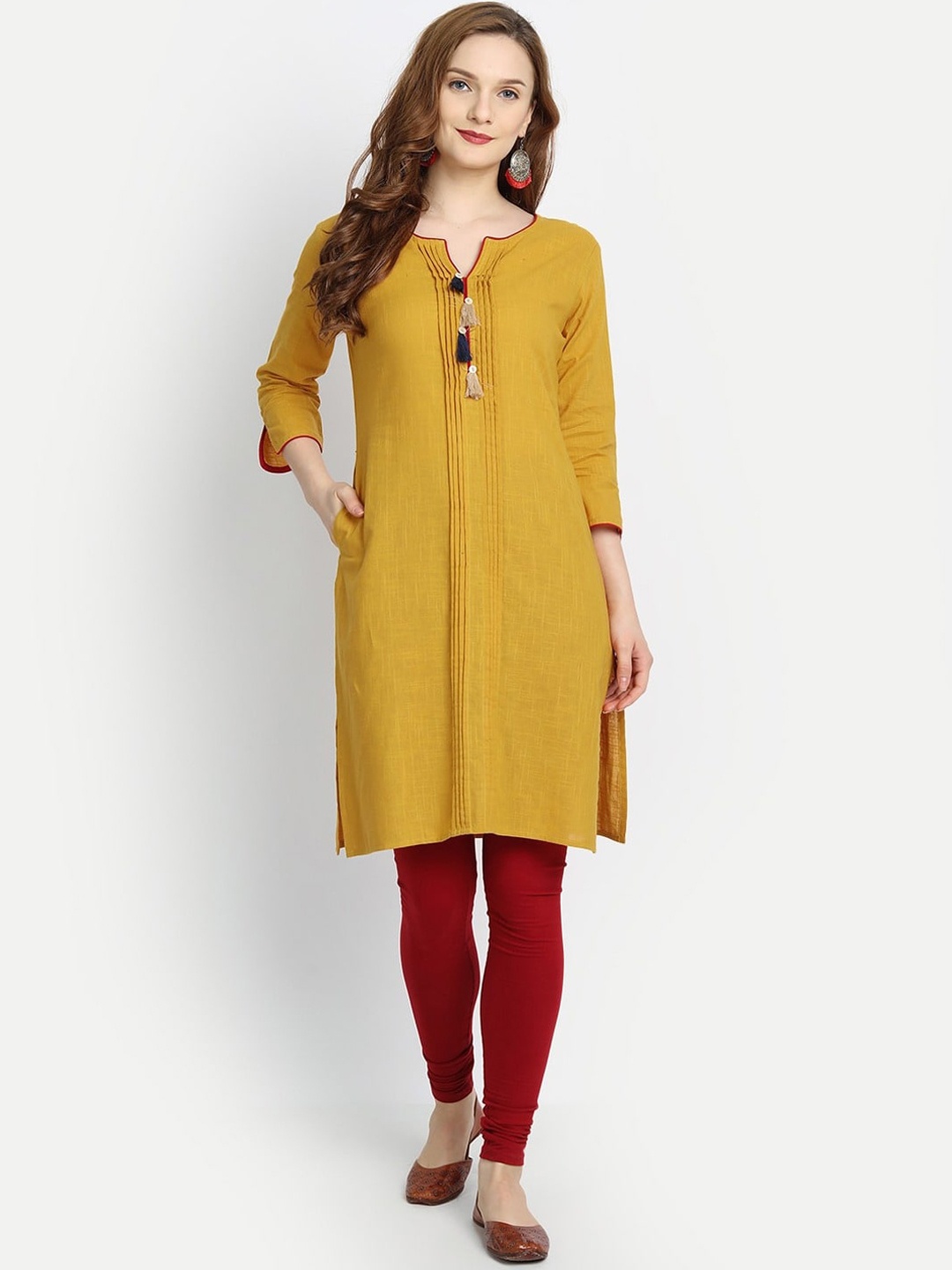 

fabGLOBAL Women Mustard Yellow & Maroon Solid Cotton Straight Kurta