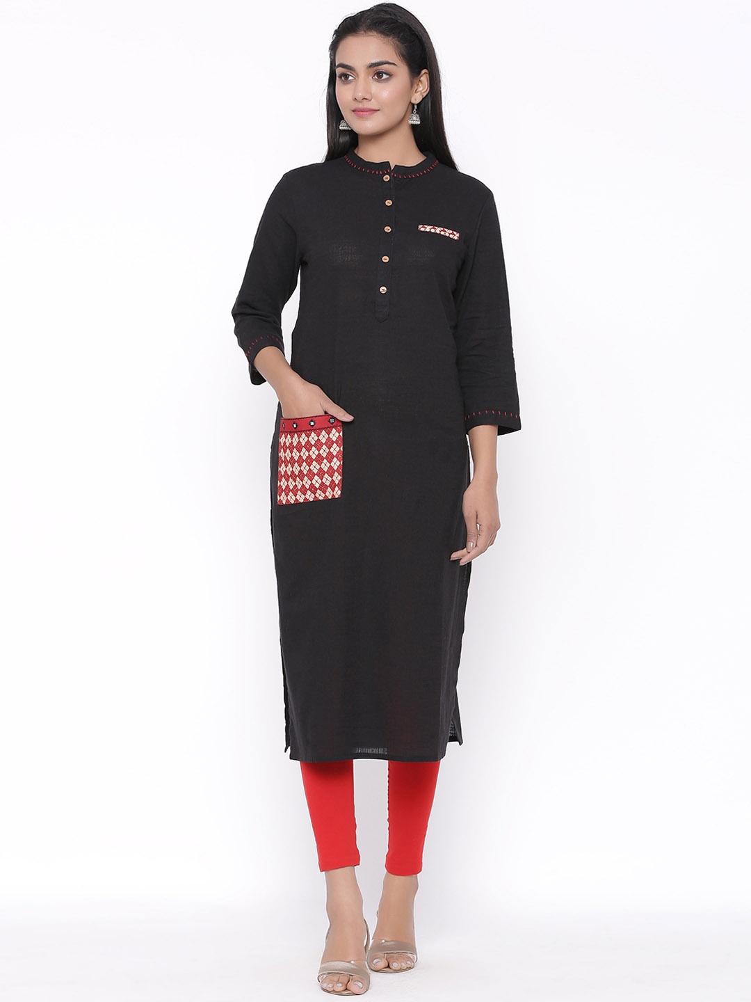 

fabGLOBAL Women Black & Red Solid Straight Kurta