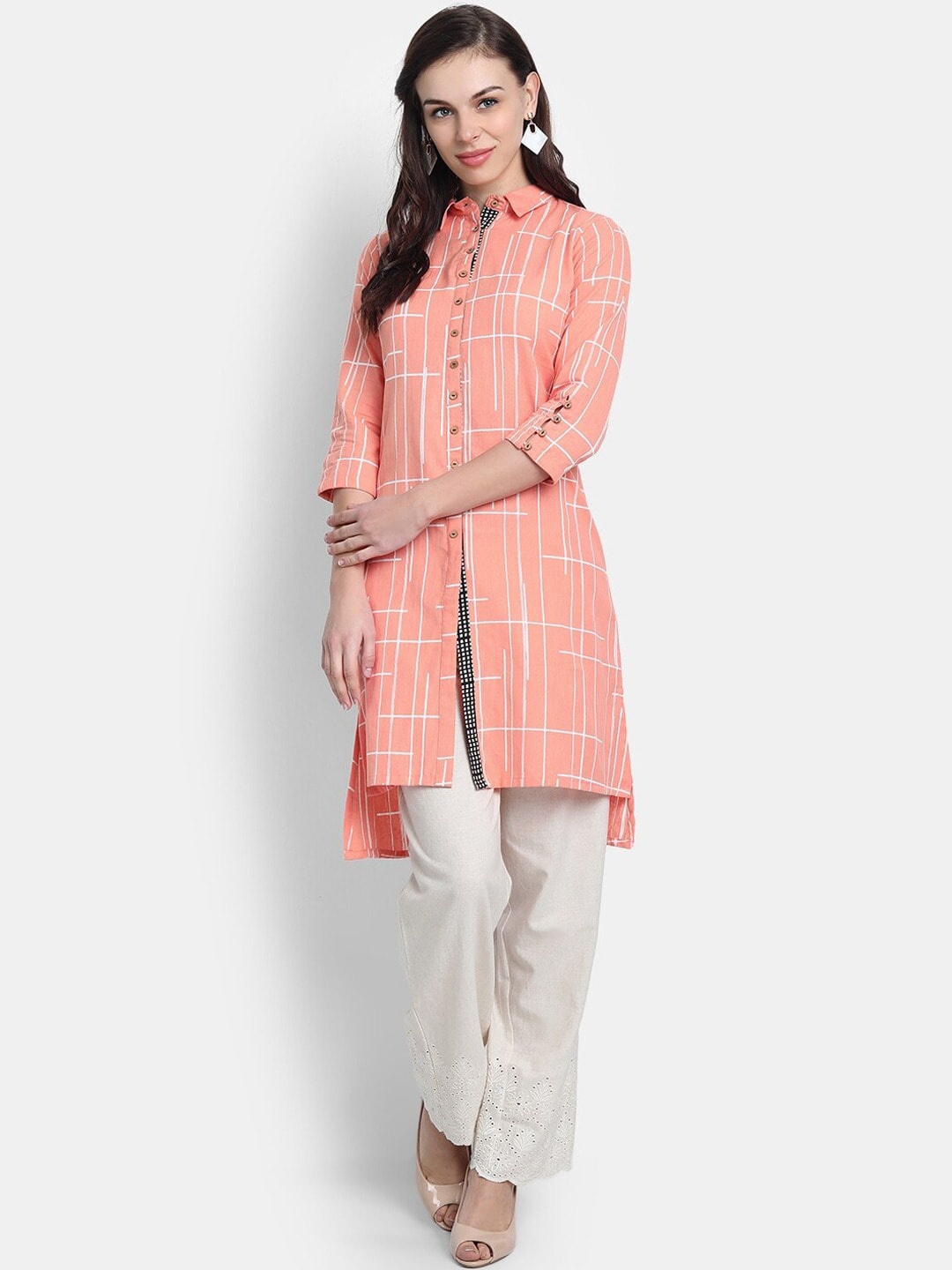 

fabGLOBAL Women Peach-Coloured & White Printed Cotton Kurta