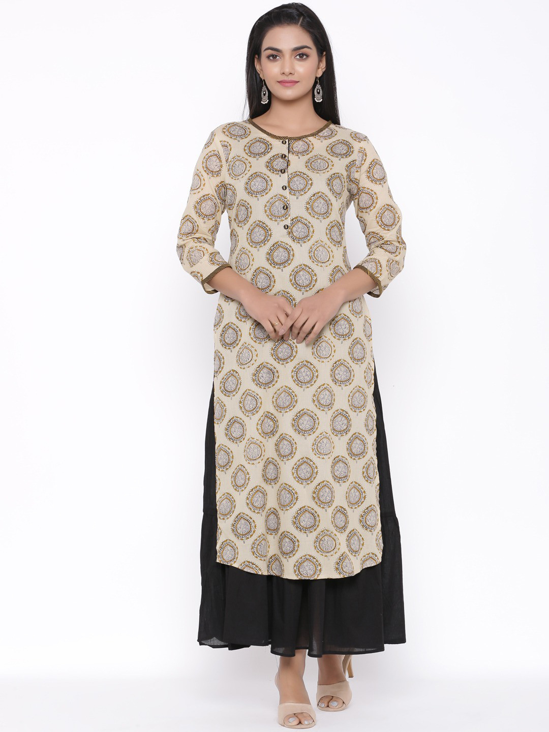 

fabGLOBAL Women Beige & Mustard Yellow Ethnic Motifs Printed Kurta
