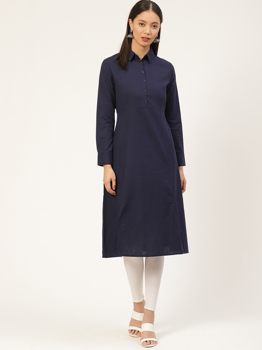 

fabGLOBAL Women Navy Blue Solid Shirt Collar A-Line Kurta