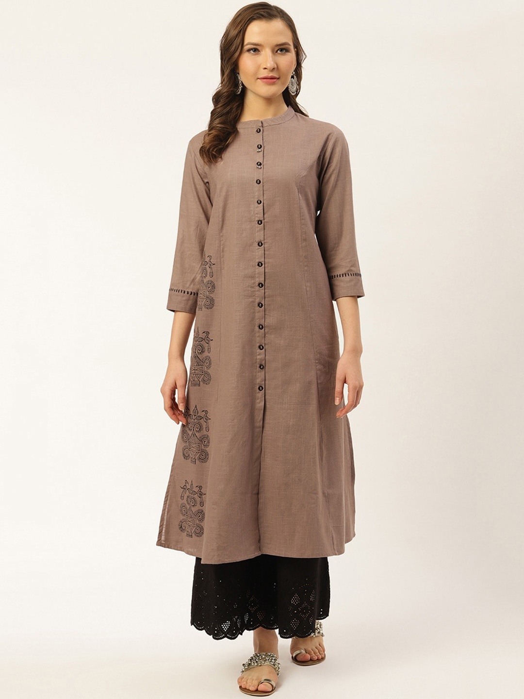 

fabGLOBAL Women Grey Solid Thread Work A-Line Kurta