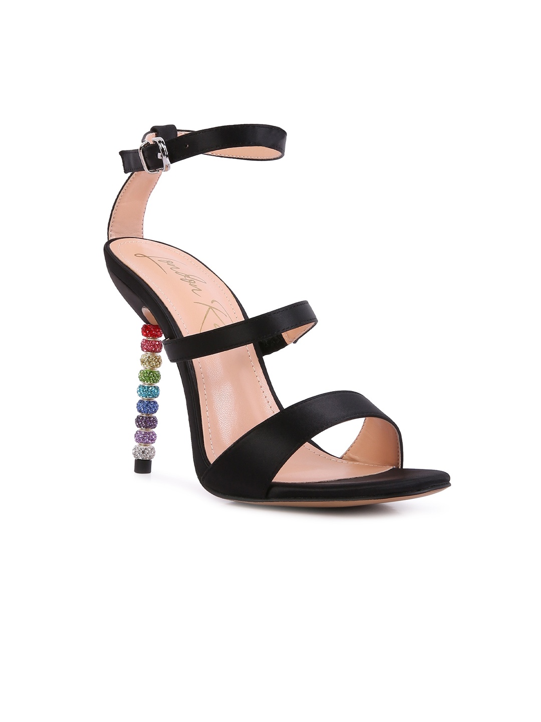 

London Rag Black & Tan Embellished Party Block Sandals with Buckles