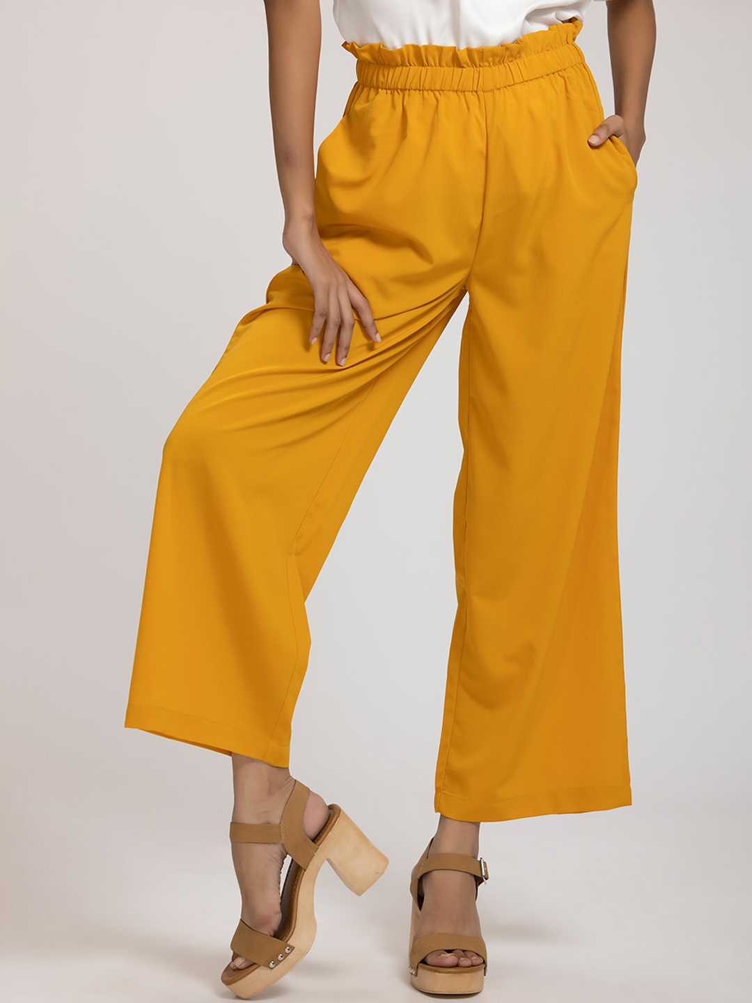 

SHAYE Women Mustard Yellow Relaxed Flared Trousers