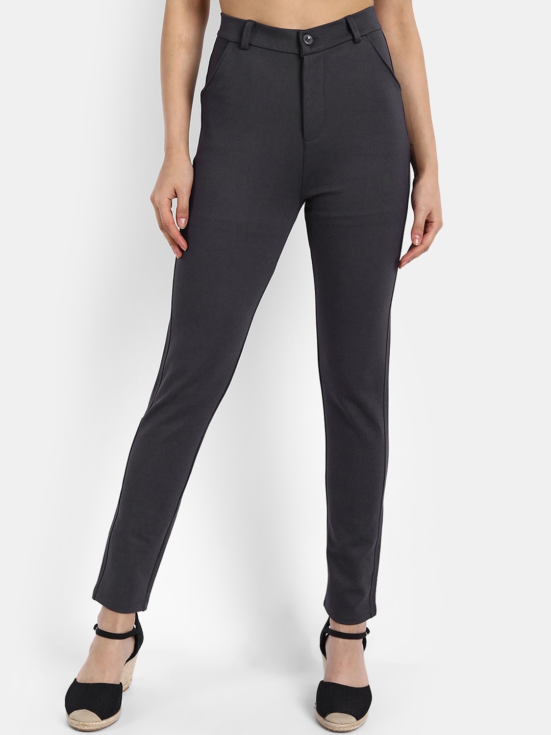 

BROADSTAR Women Grey Relaxed Straight Leg Slim Fit High-Rise Easy Wash Trousers
