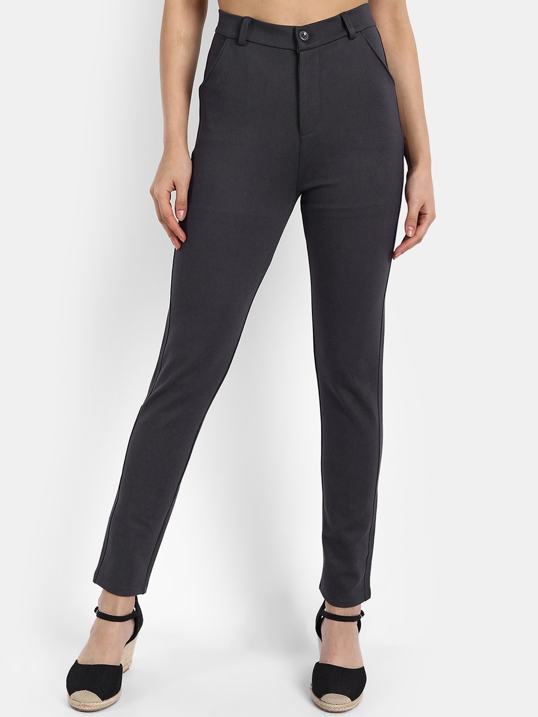 

Next One Women Charcoal Relaxed Straight Leg Slim Fit High-Rise Easy Wash Trousers