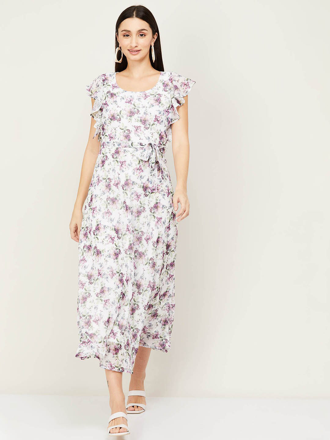 

CODE by Lifestyle White & Pink Floral Printed A-Line Midi Dress