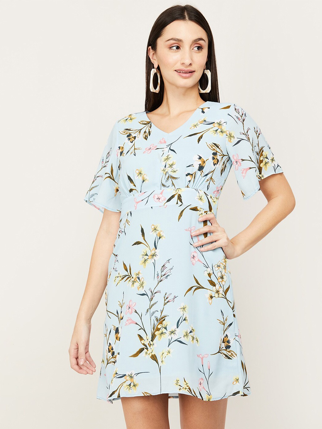 

CODE by Lifestyle Blue & Green Cotton Floral Printed A-Line Mini Dress
