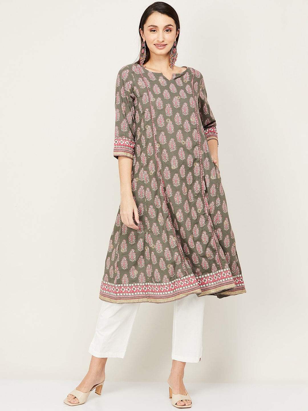 

Melange by Lifestyle Women Olive Green & Pink Cotton Printed A-Line Kurta