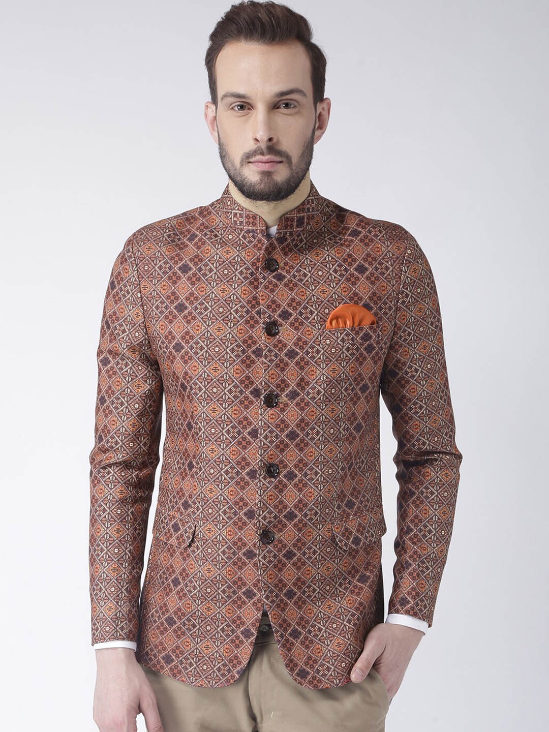 

Hangup Men Brown Ethnic Printed Single Breasted Blazers