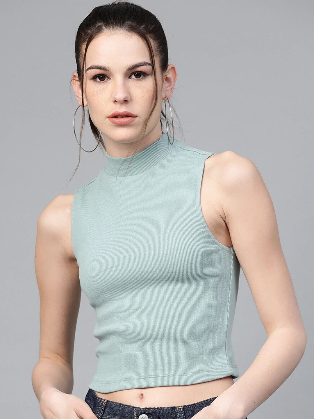 

VividArtsy Sea Green High Neck Fitted Crop Top