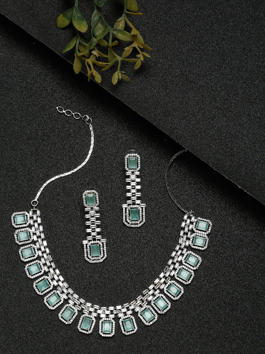 

YouBella Women Silver-Plated Green & White Stone-Studded Jewellery Set