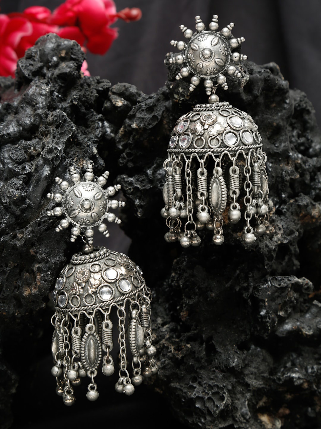 

YouBella Women Silver-Plated Contemporary Meenakari Jhumkas Earrings