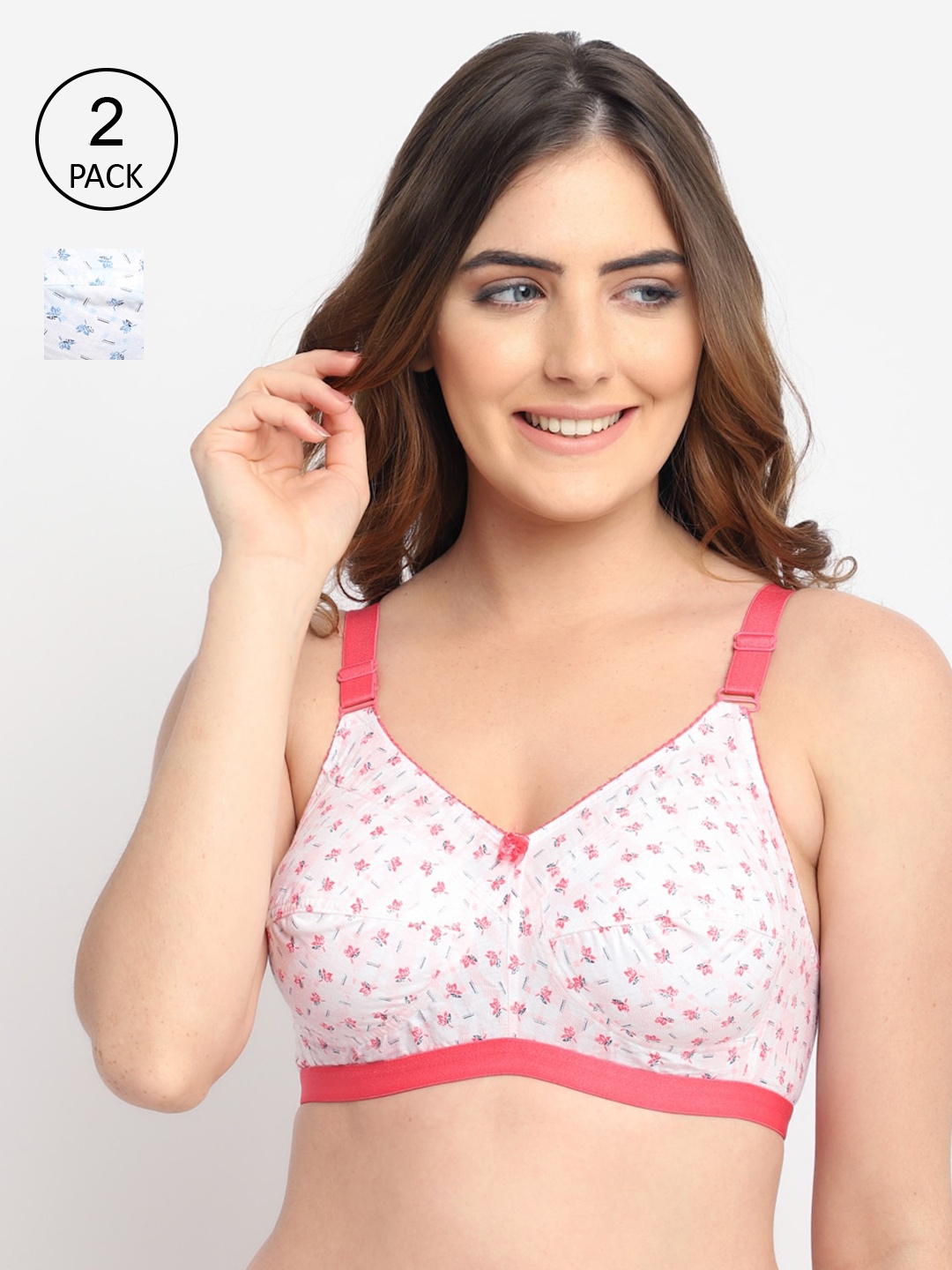 

GRACIT Pack Of 2 White & Pink Floral Printed Cotton Bra LLB10-05-10-30C
