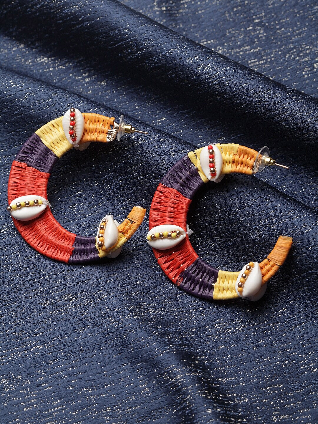 

Sangria Red & Navy Blue Gold-Plated Beaded Half Hoop Earrings