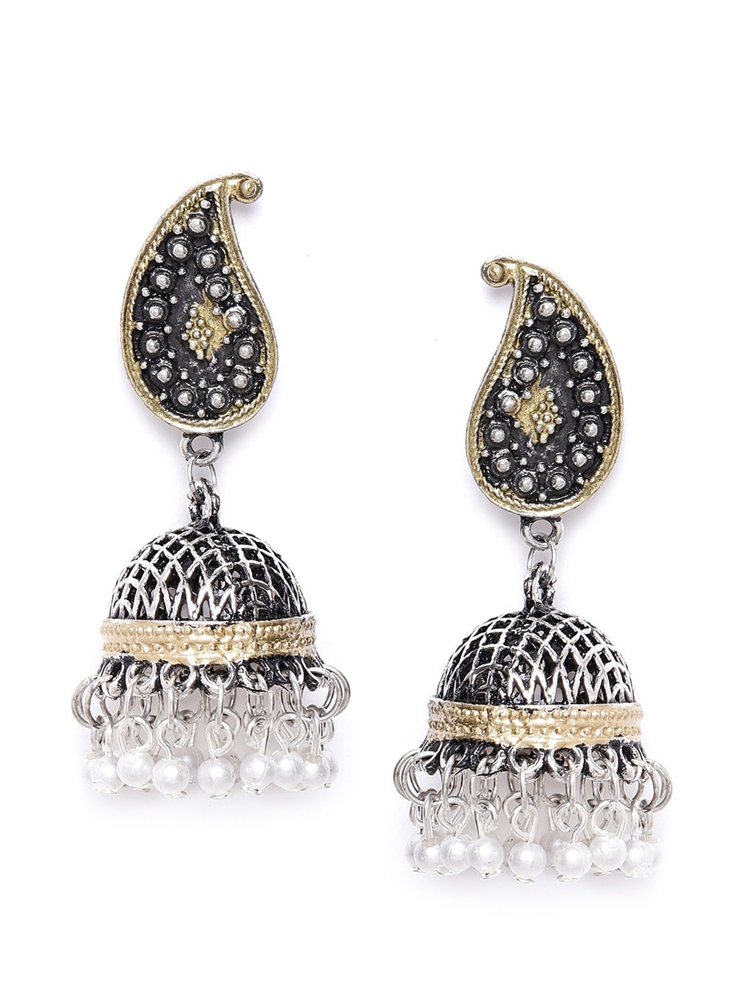 

Sangria Silver-Toned & Black Dome Shaped Jhumkas Earrings