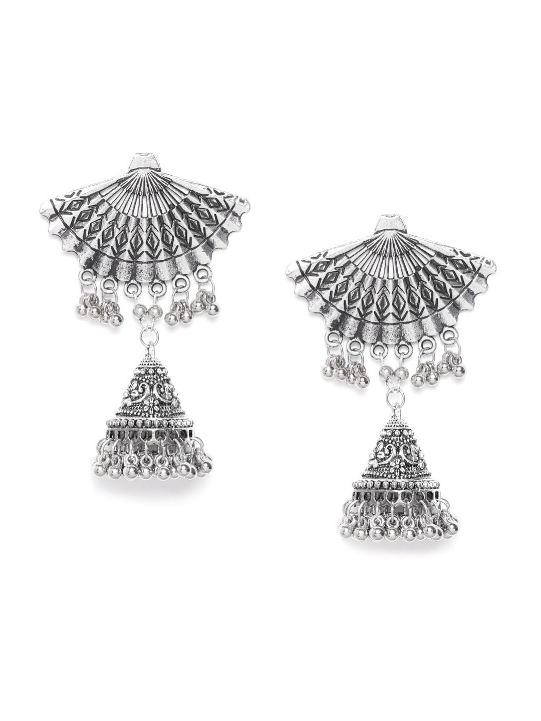 

Sangria Silver-Toned Contemporary Oxidised Jhumkas Earrings