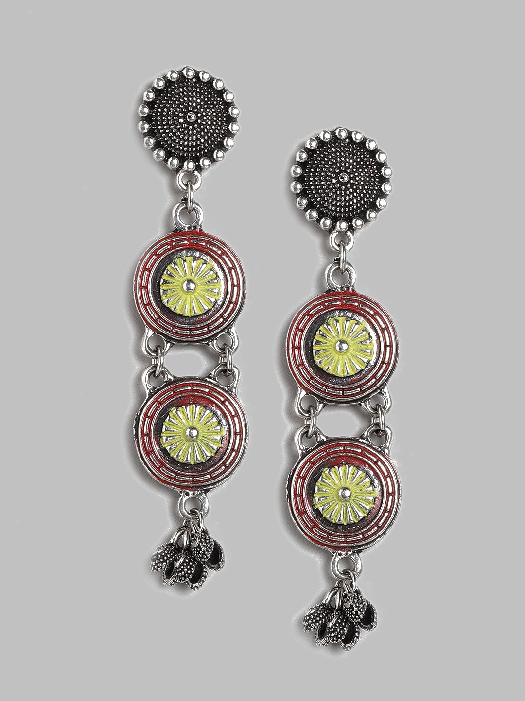 

Sangria Silver-Toned & Yellow Circular Drop Earrings