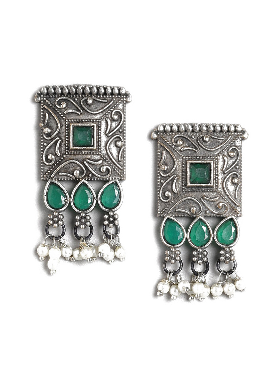 

Sangria Women Silver-Plated & Green Metal Contemporary Drop Earrings