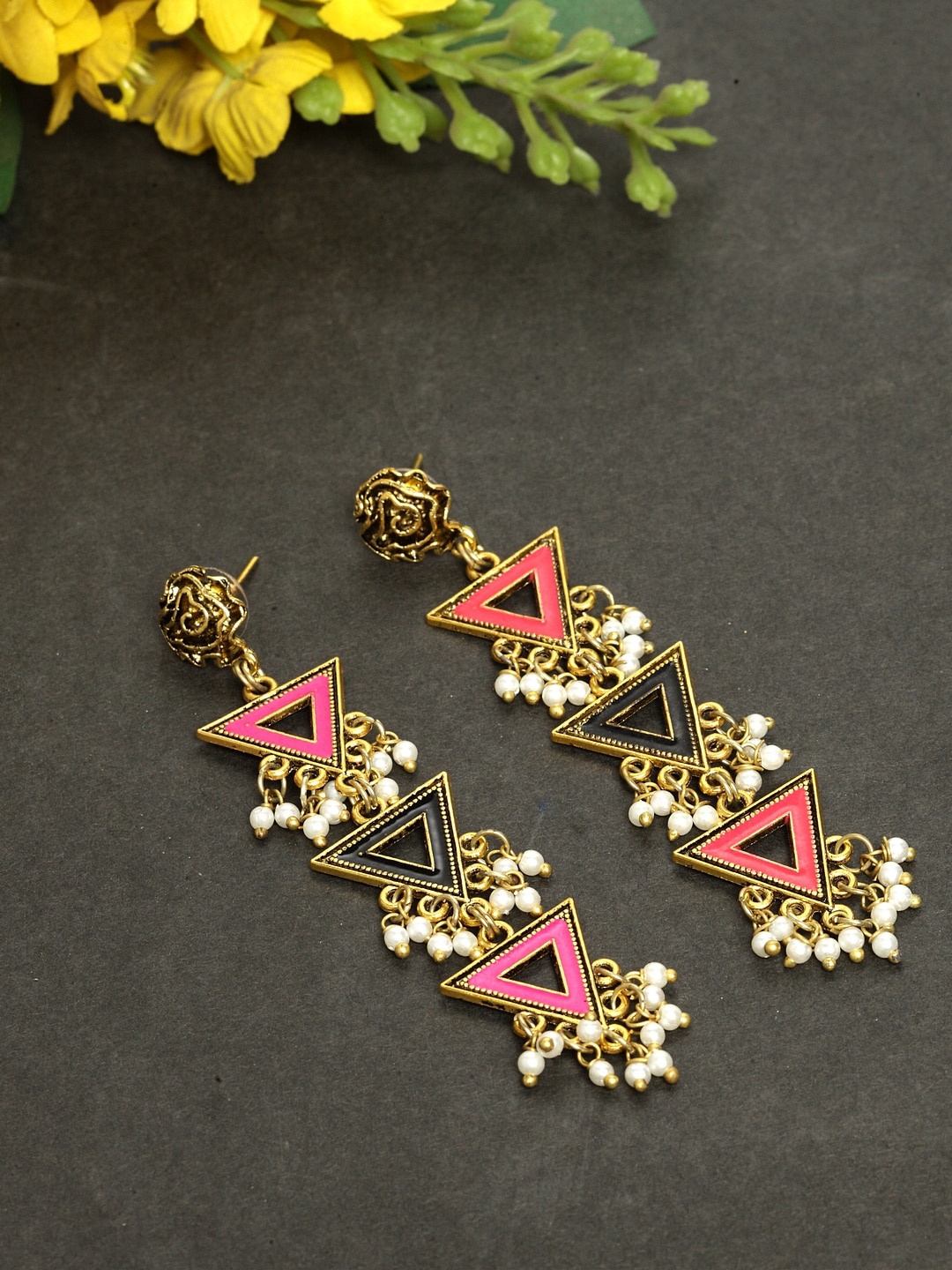 

Sangria Gold-Toned & Black Triangular Drop Earrings