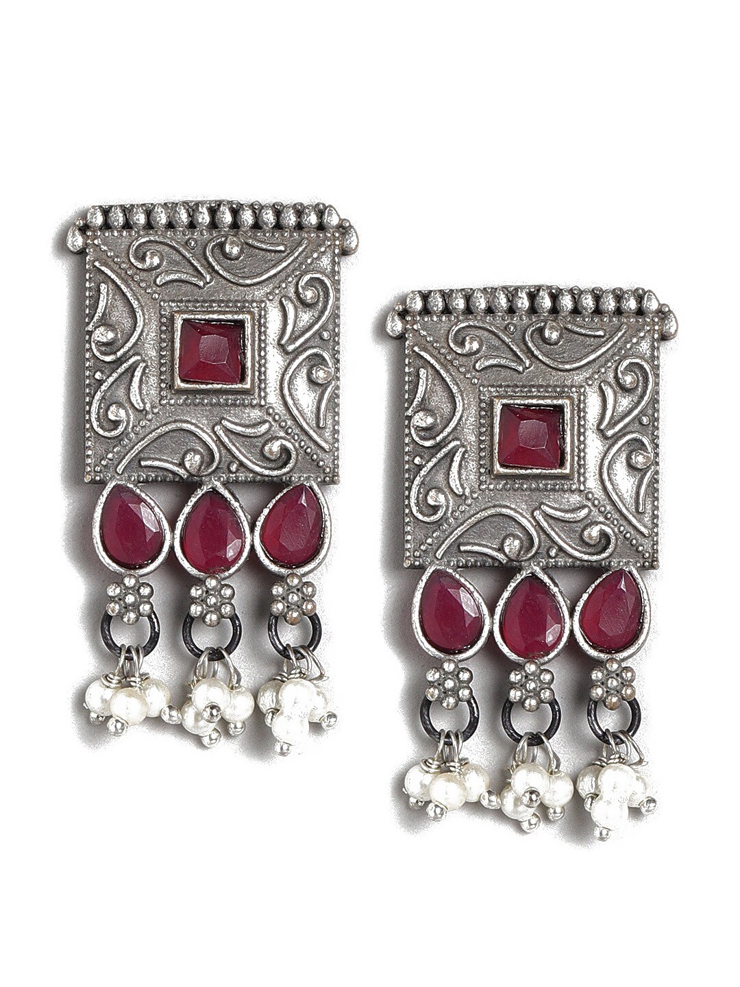 

Sangria Silver-Toned & Pink Square Drop Earrings