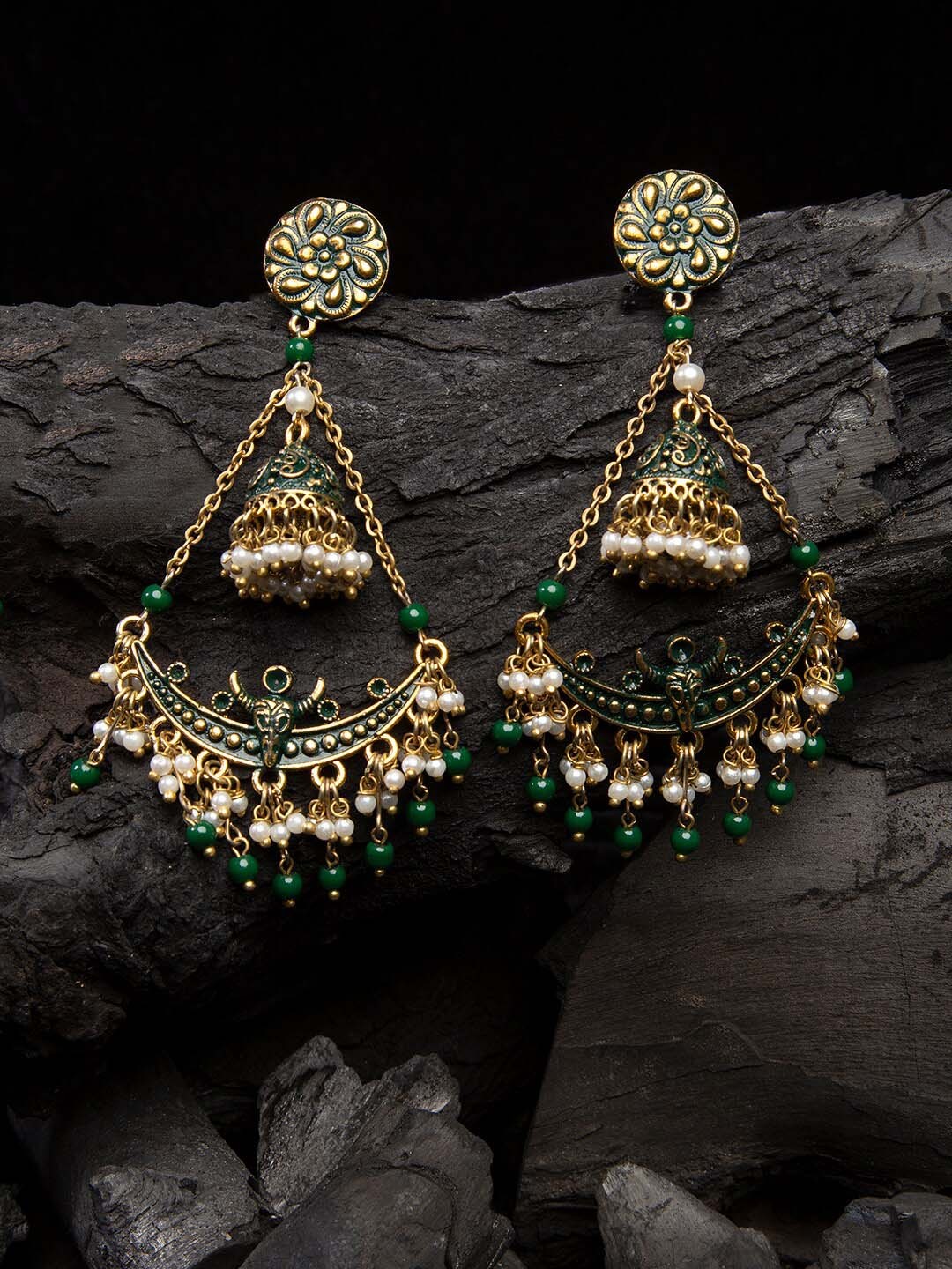 

Sangria Gold-Plated Green & White Beaded Designer Earrings