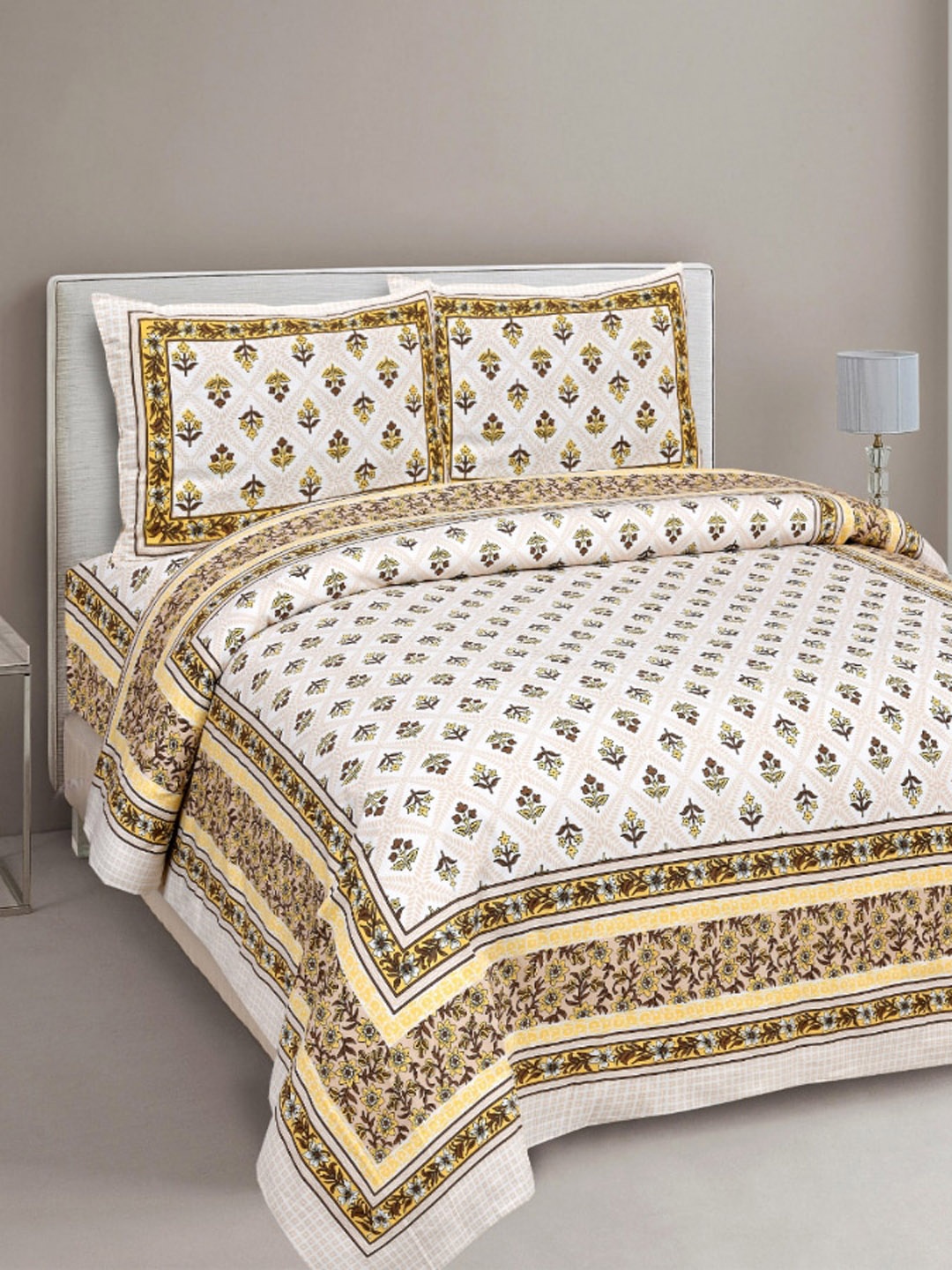 

INDHOME LIFE White & Yellow Floral 220 TC Pure Cotton King Bedsheet with 2 Pillow Covers