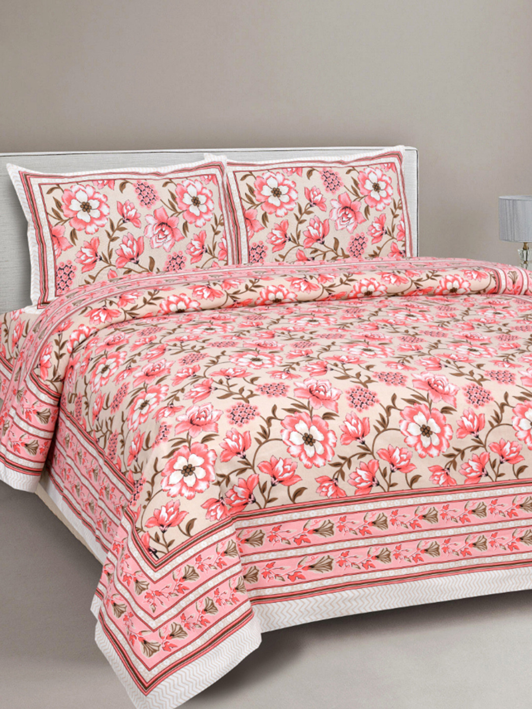 

INDHOME LIFE Beige & Pink Floral Cotton 220 TC King Bedsheet with 2 Pillow Covers
