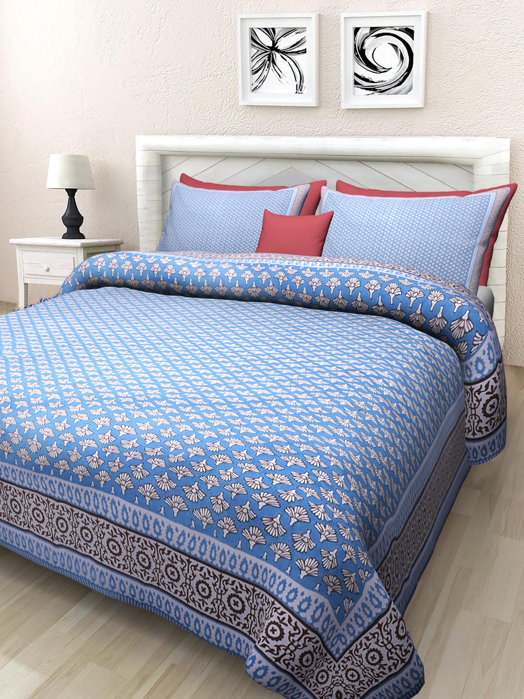 

INDHOME LIFE Floral 220 TC King Cotton Bedsheet with 2 Pillow Covers, Blue