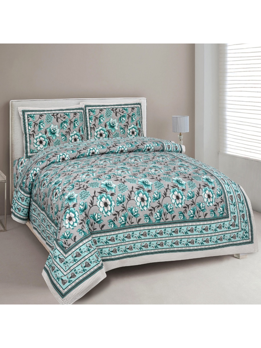 

INDHOME LIFE Grey & Blue Floral 220 TC King Bedsheet with 2 Pillow Covers