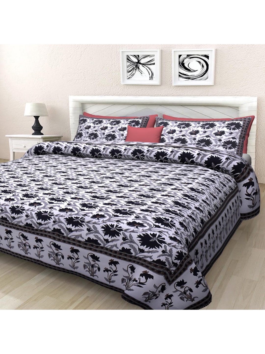 

INDHOME LIFE White & Black Floral 220 TC King Bedsheet with 2 Pillow Covers