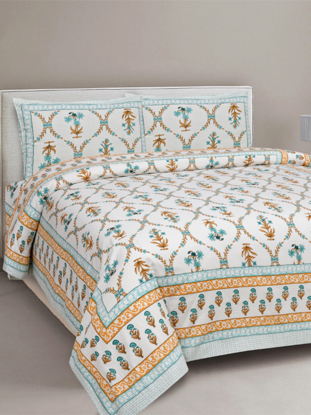 

INDHOME LIFE White & Blue Floral 220 TC King Bedsheet with 2 Pillow Covers