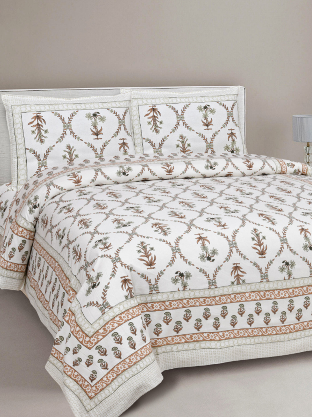 

INDHOME LIFE Jaipuri Printed 220 TC Cotton King Size Double Bedsheet with 2 Pillowcover, White