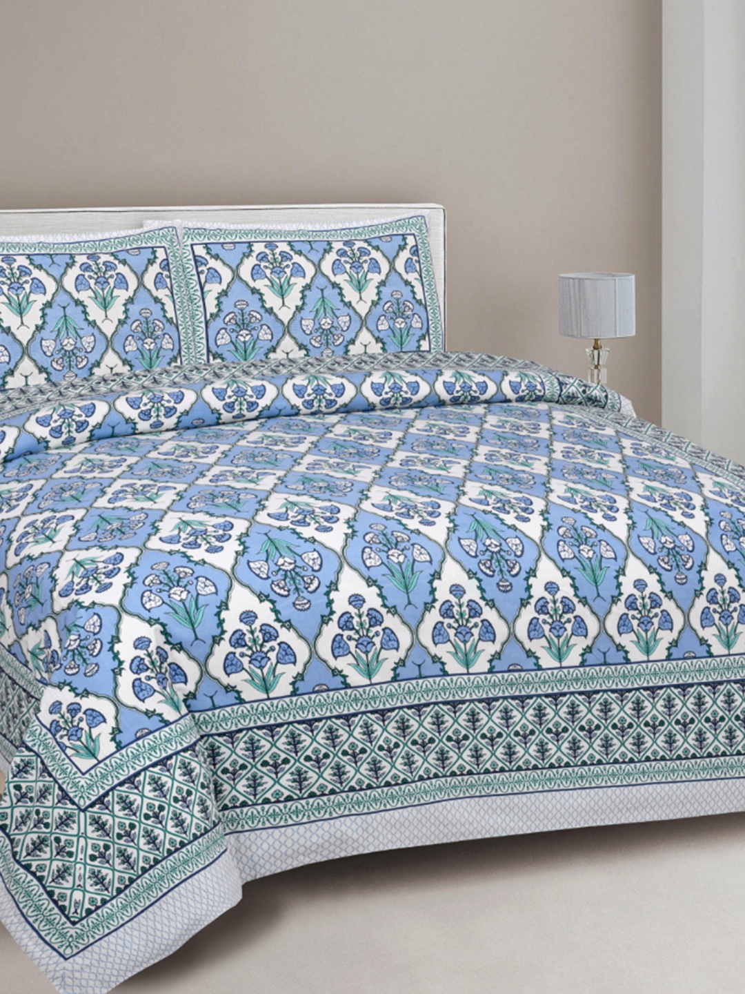 

INDHOME LIFE Unisex Cotton Jaipuri Printed 220 TC King Size Double Bedsheet, White