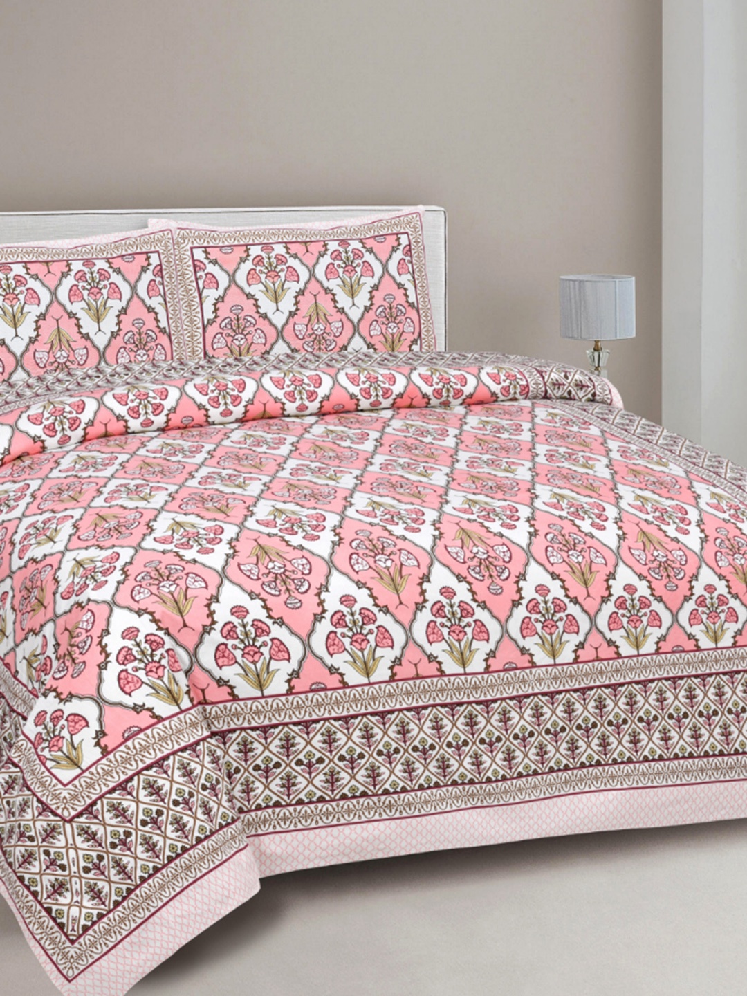 INDHOME LIFE Unisex Cotton Jaipuri 220 TC Printed King Size Double Bedsheet, White