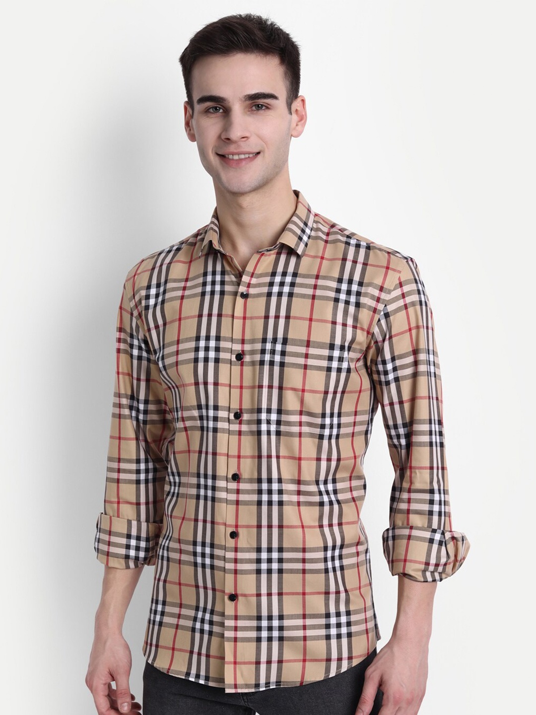 

FINNOY Men Checked Premium Giza Cotton Slim Fit Casual Shirt, Brown