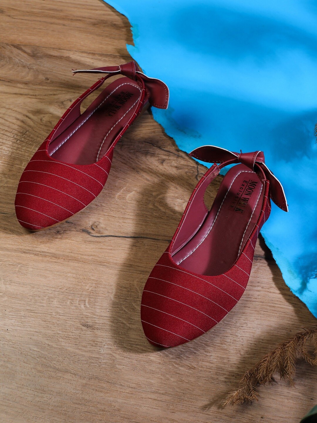 

Moonwalk Women Maroon Striped Printed Bow Detail Ballerina Flats