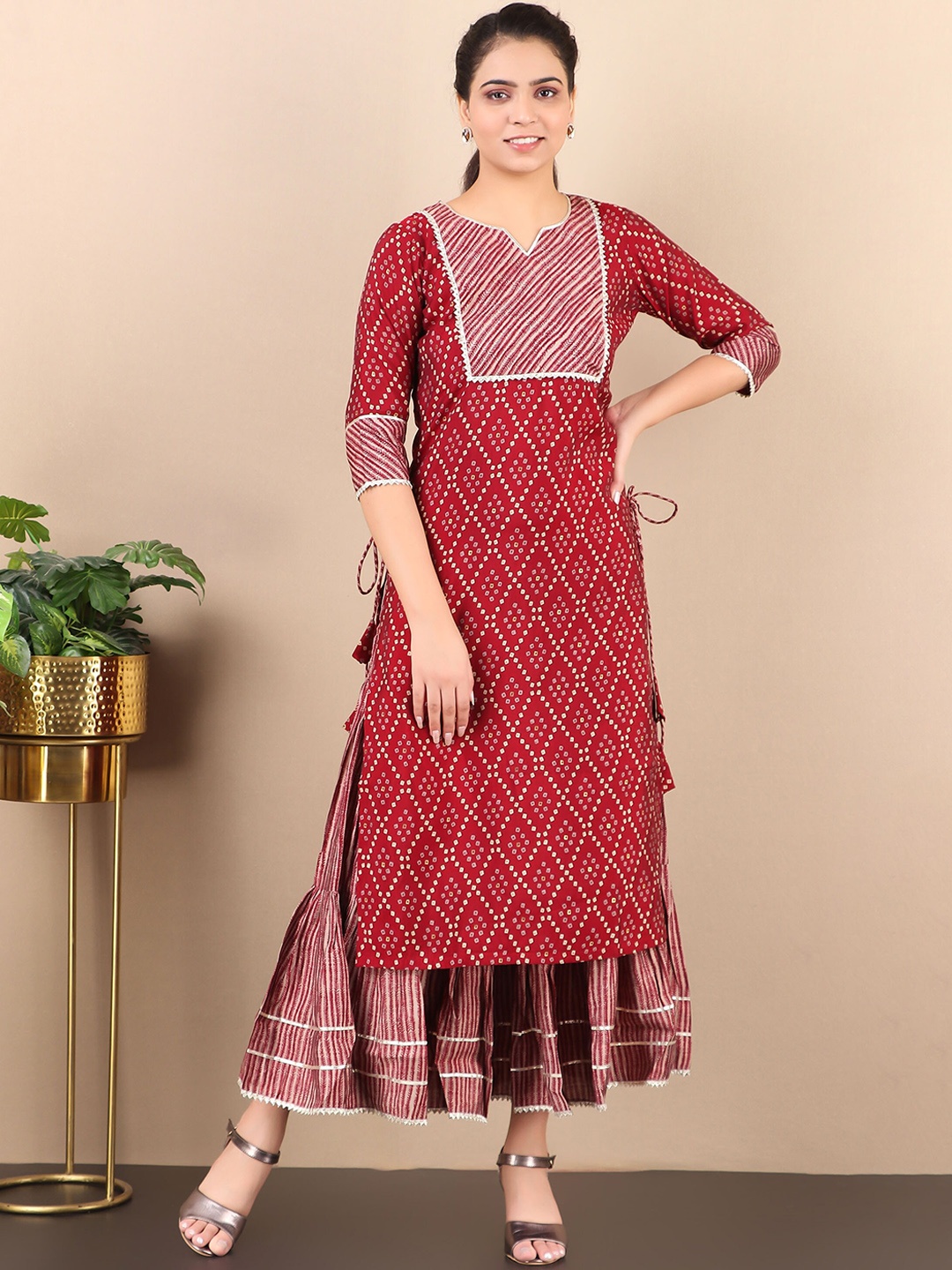 

V TRADITION Women Maroon Ethnic Motifs Printed Kurta with Sharara
