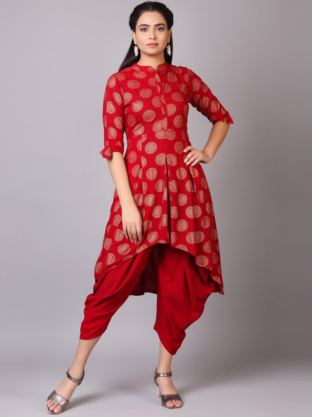 

V TRADITION Women Maroon Ethnic Motifs Printed Empire Kurta with Dhoti Pants