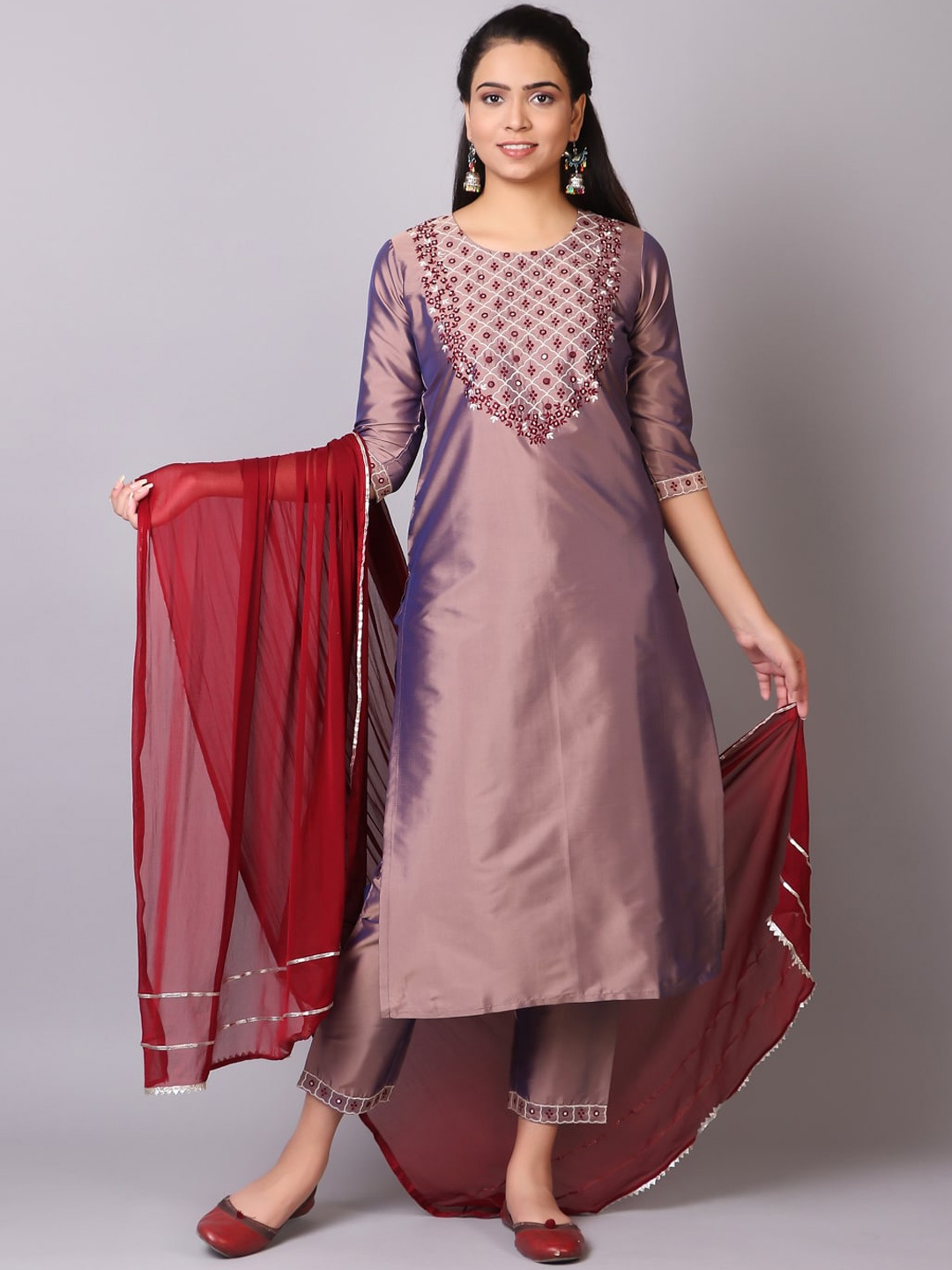

V TRADITION Women Brown Yoke Design Kurta with Trousers & With Dupatta