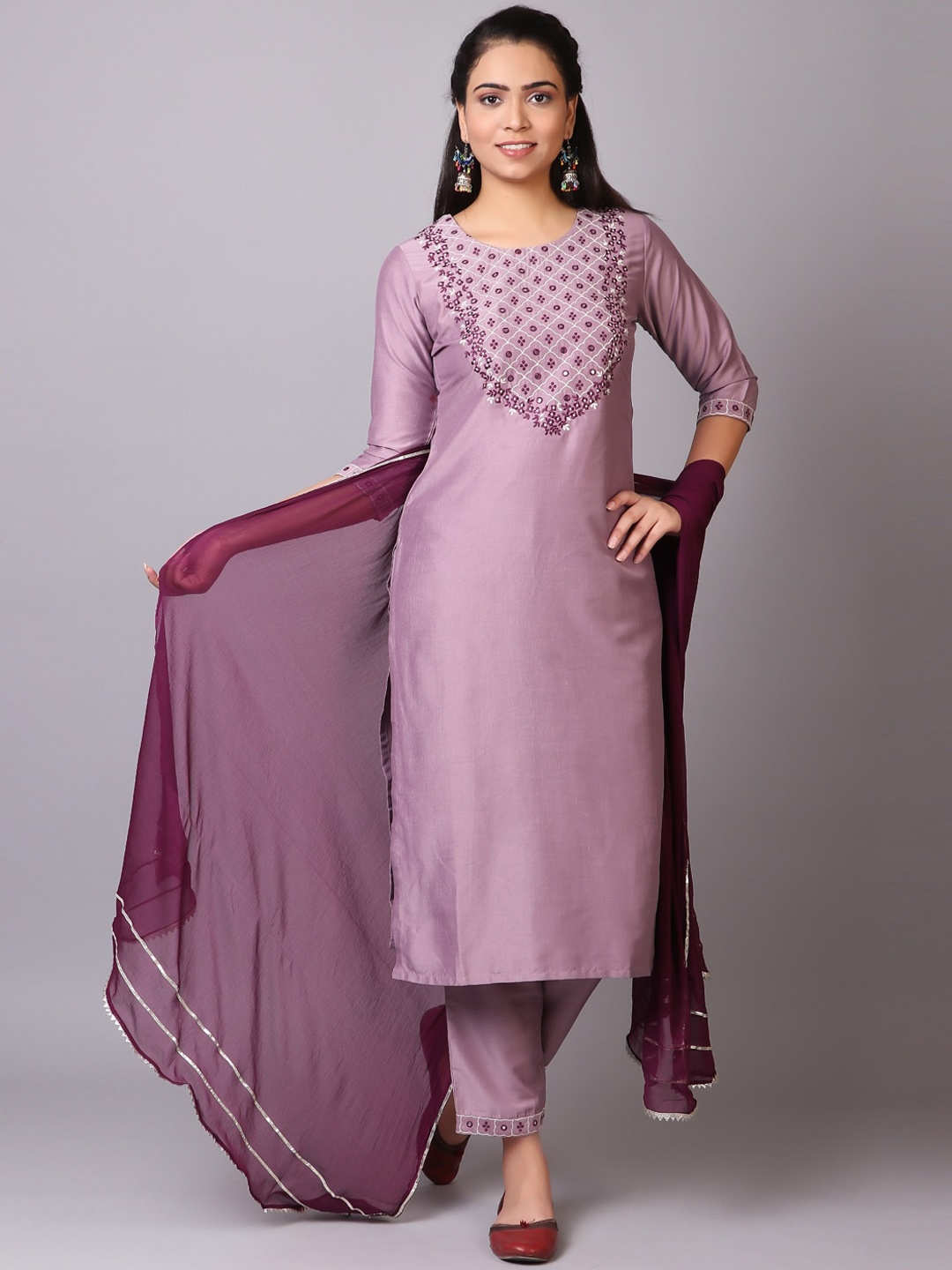 

V TRADITION Women Purple Floral Yoke Design Mirror Work Kurta with Trousers & With Dupatta