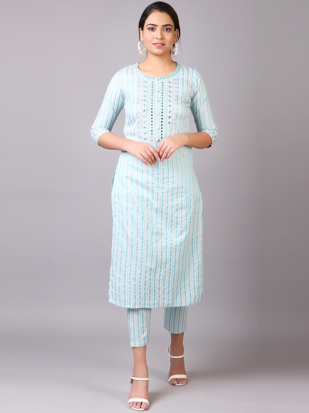 

V TRADITION Women Blue Striped Kurta with Trousers