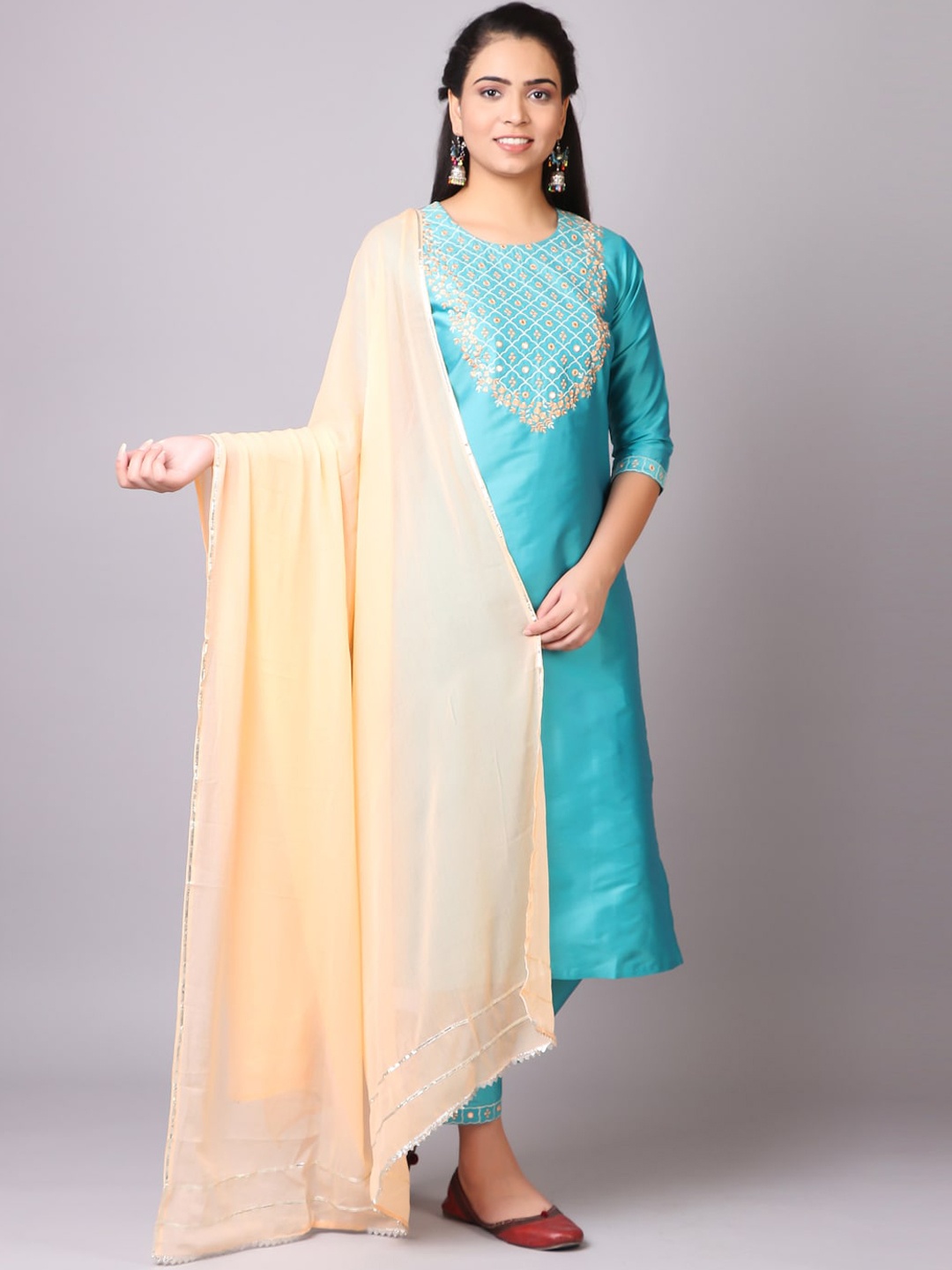 

V TRADITION Women Blue Yoke Design Kurta with Palazzos & With Dupatta