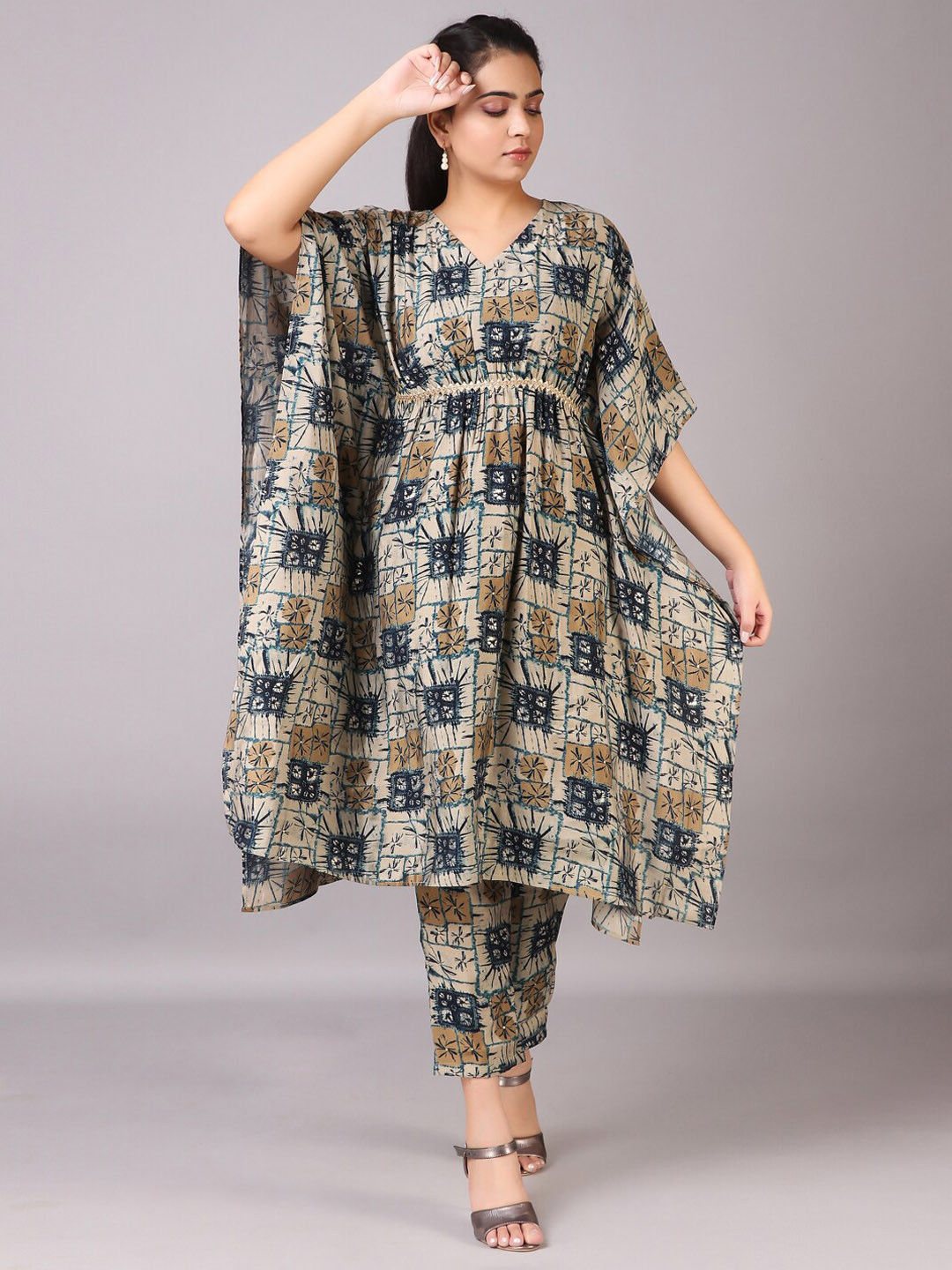 

V TRADITION Women Beige Printed Kaftan with Trousers