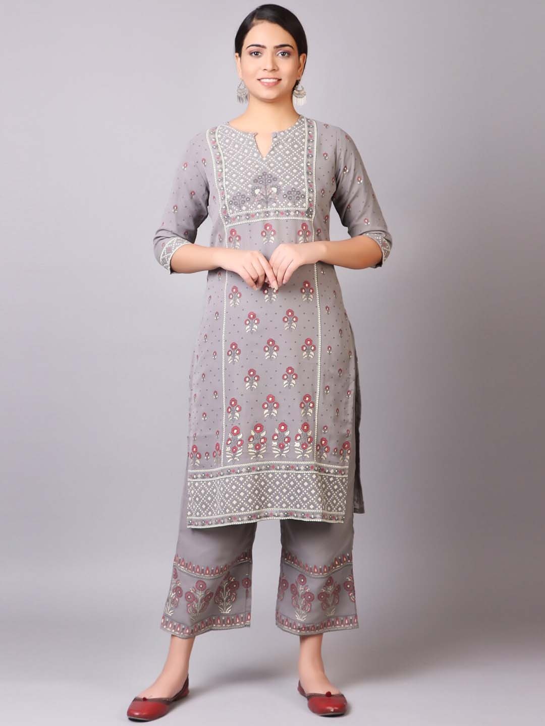 

V TRADITION Women Grey Floral Embroidered Kurta With Palazzos