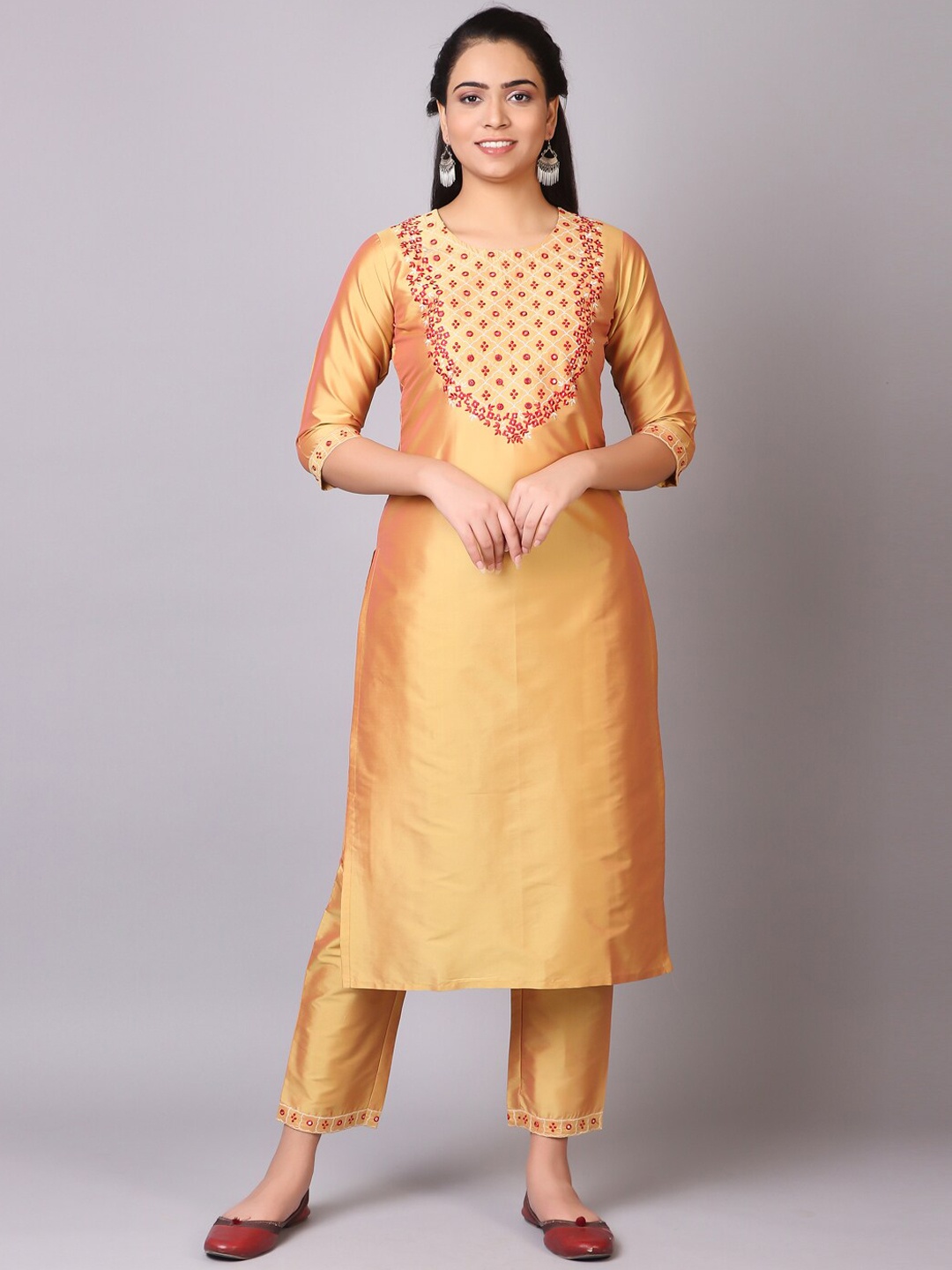 

V TRADITION Women Gold-Toned Yoke Design Kurta with Trousers