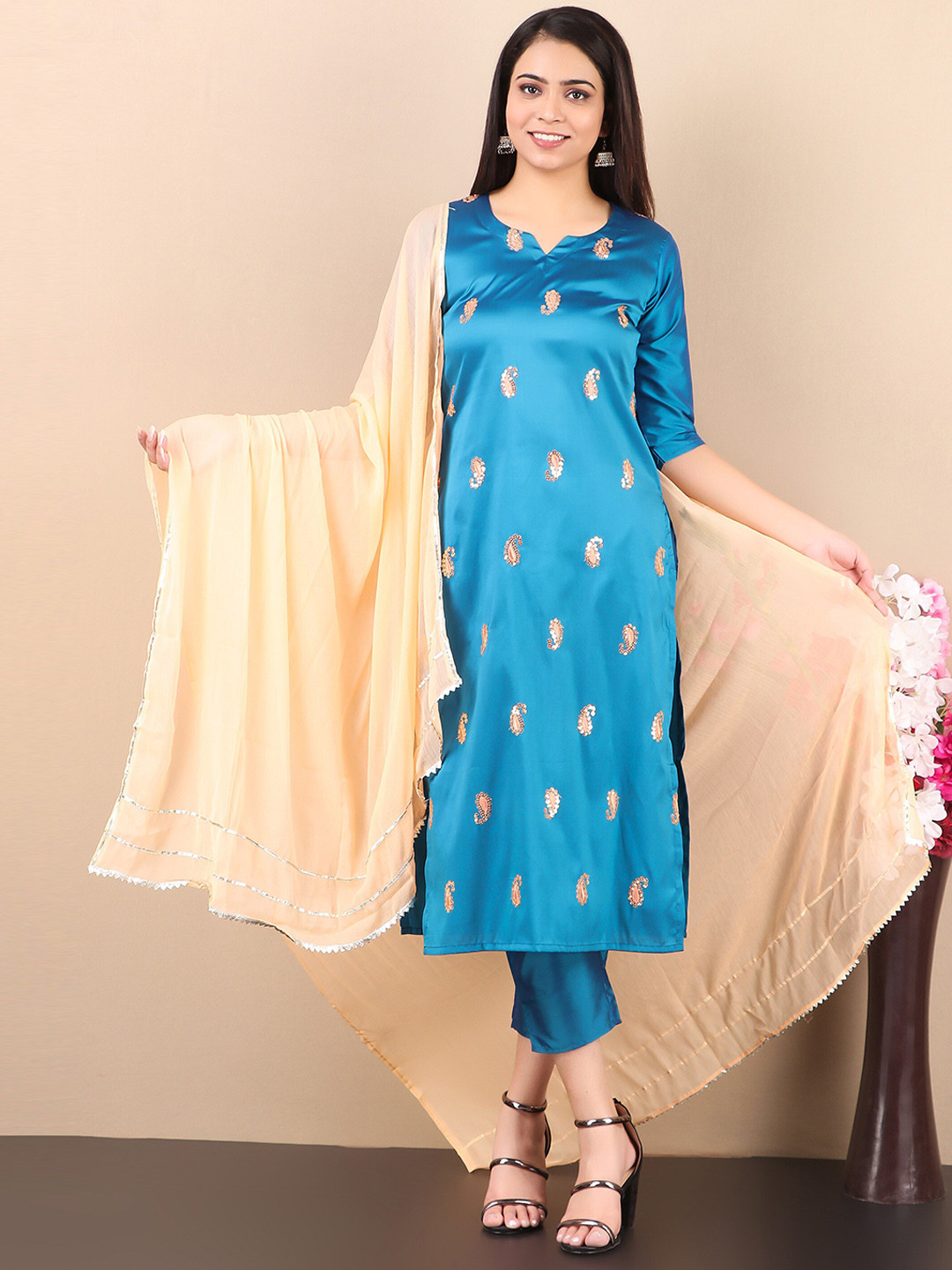 

V TRADITION Women Blue and Cream Paisley Sequined Kurta with Trousers & Dupatta