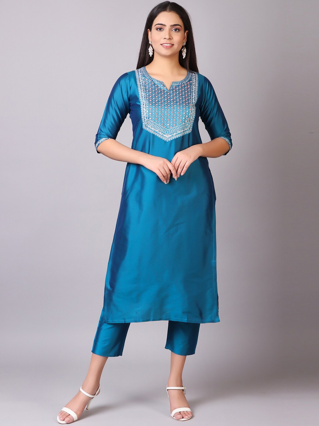 

V TRADITION Women Blue Yoke Design Mirror Work Kurta with Trousers & Dupatta